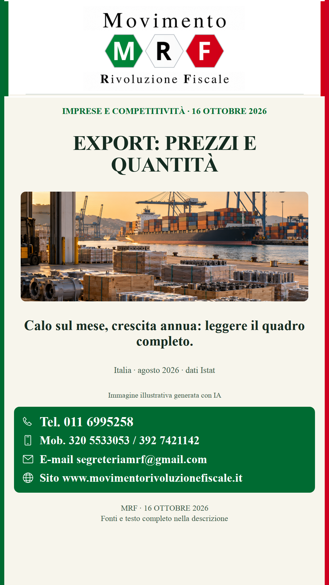 Export italiano: calo mensile, crescita annua e importazioni più care